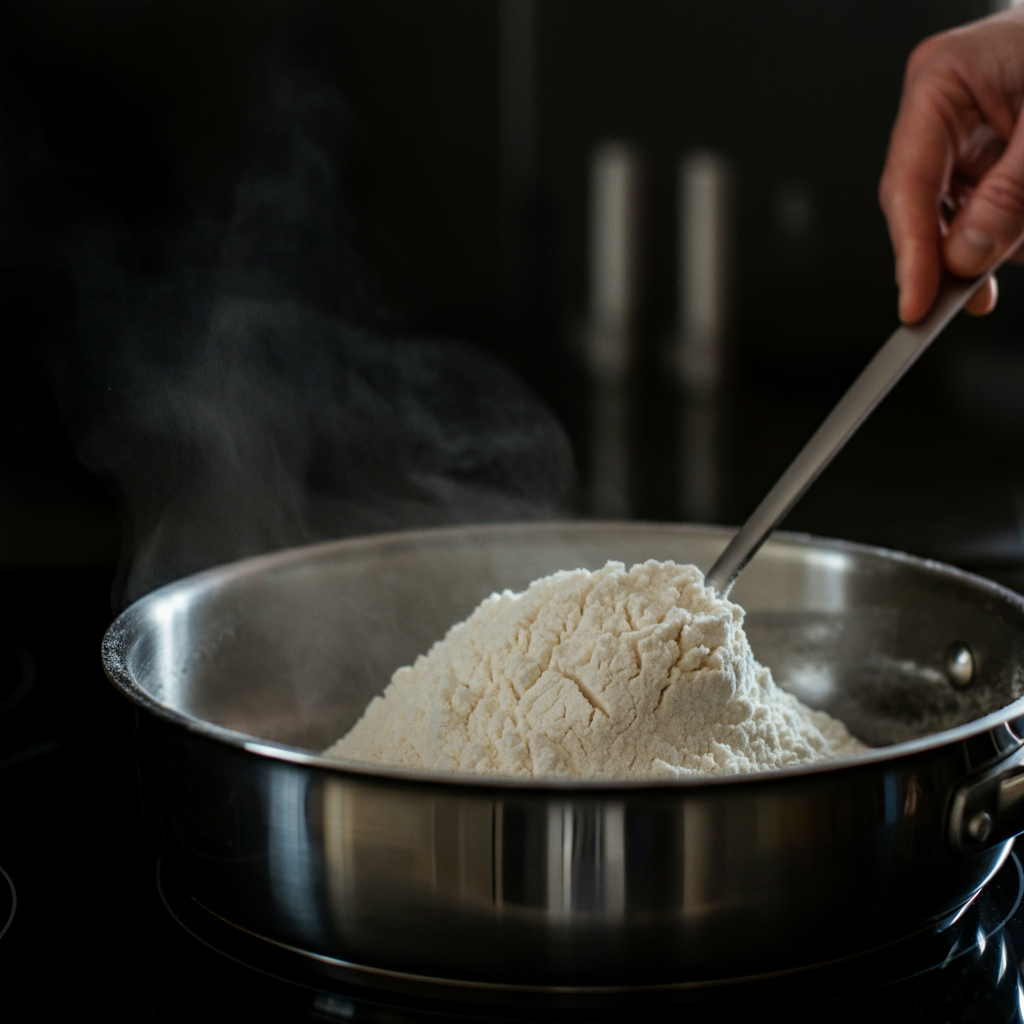 Side-lit shot of rice flour being roasted in a stainless steel pan. The flour is being stirred with a metal spoon. The focus is on the texture of the flour and the gentle steam rising from the pan.
