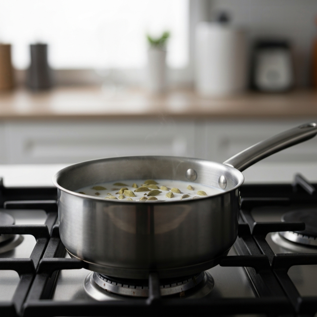 A stainless steel saucepan on a stovetop containing milk simmering with cardamom pods and a cinnamon stick. Soft bokeh in the background shows the kitchen setting.