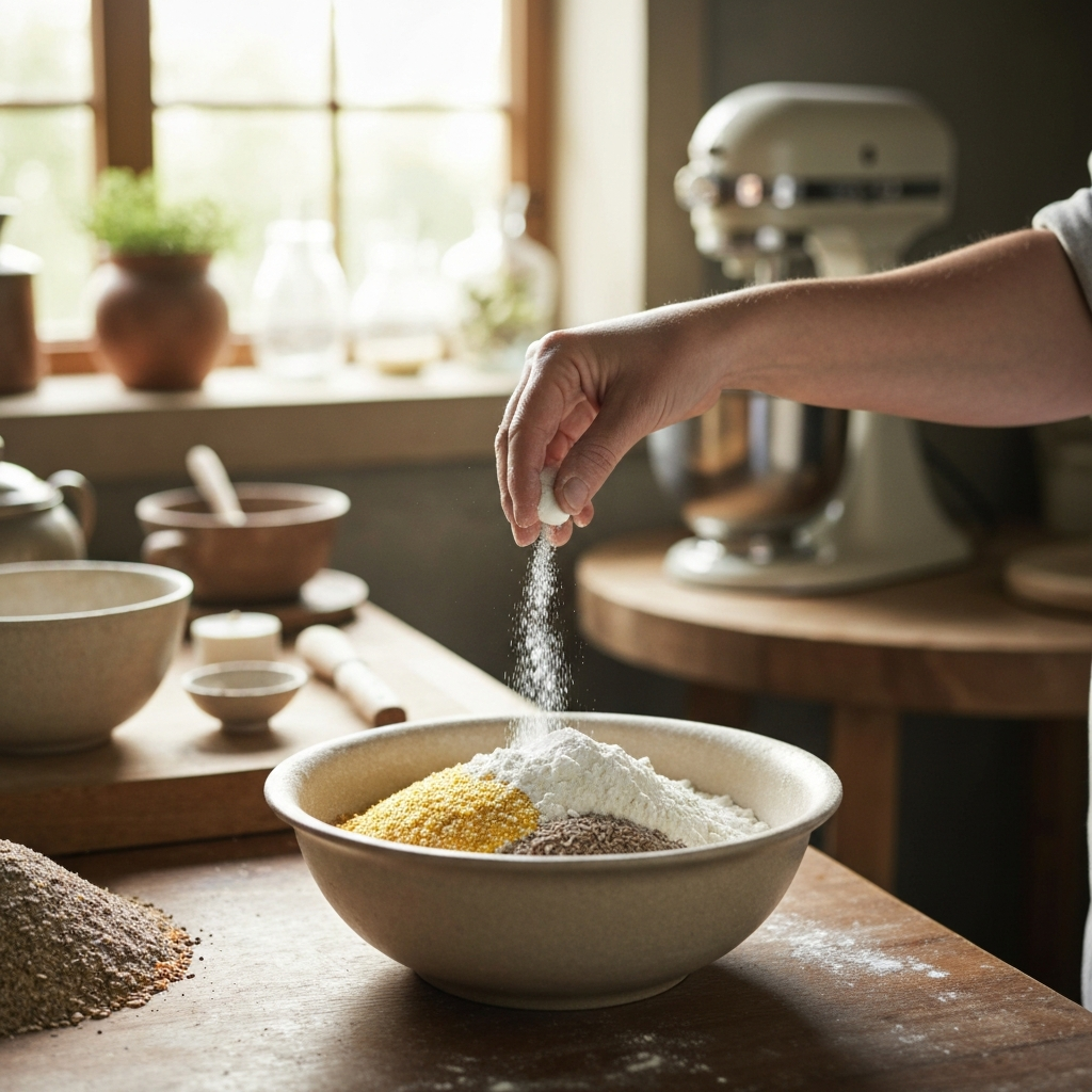 Hand sprinkling baking powder into a bowl of mixed flours. The background is slightly blurred, focusing on the act of adding the ingredient.