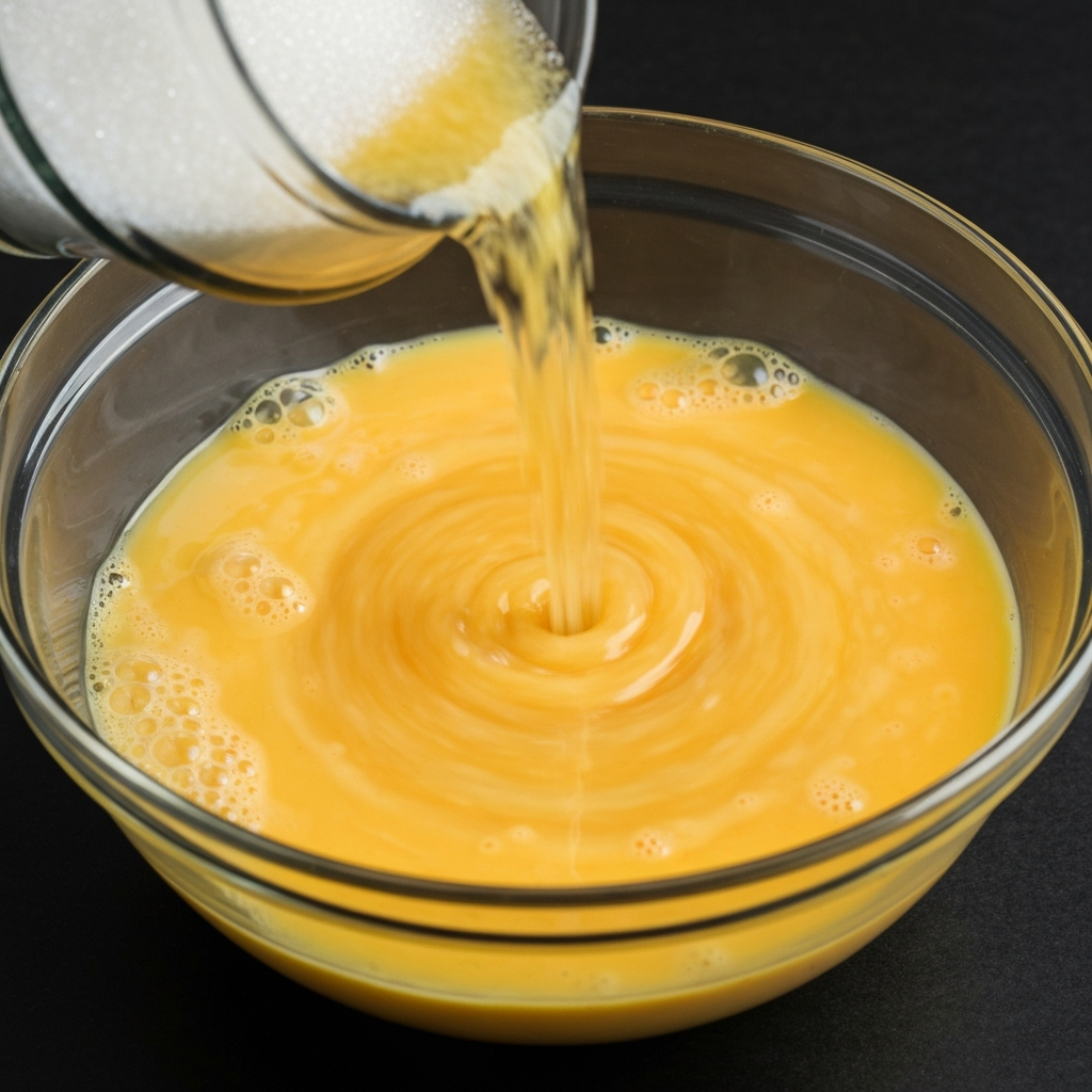 Sugar and melted jaggery being poured into a bowl of whisked eggs. The focus is on the swirling motion as the ingredients combine.