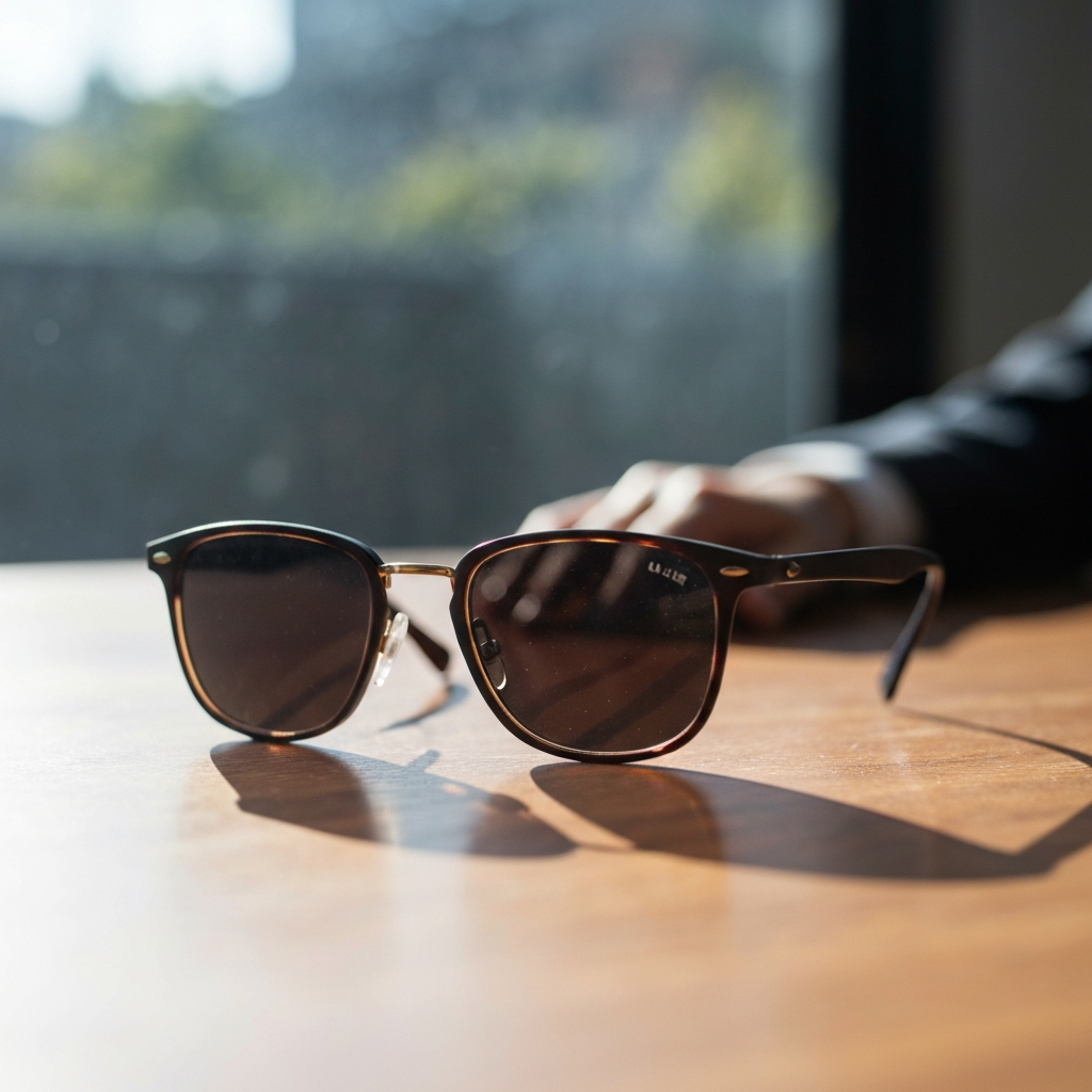 A close-up shot of a pair of high-quality sunglasses resting on a wooden table, bathed in soft, diffused morning light. The sunglasses are slightly angled to reflect the light, showcasing their UV protection features. The background is blurred with a soft bokeh effect, suggesting a serene outdoor setting.