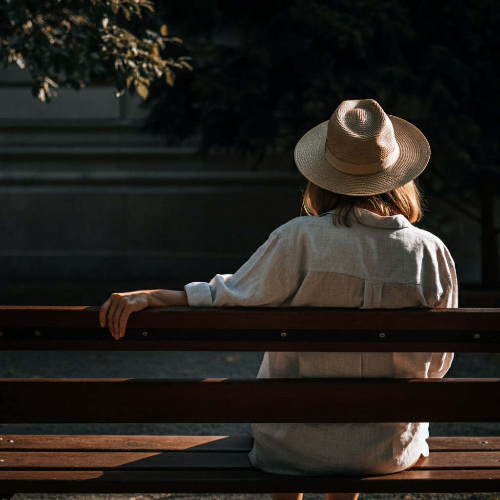 A woman in a light-colored linen shirt and a wide-brimmed hat is sitting on a park bench, facing away from the camera. The scene is shot during golden hour, with warm, side-lit textures on the park bench and surrounding foliage. A soft glow illuminates her back and hat.