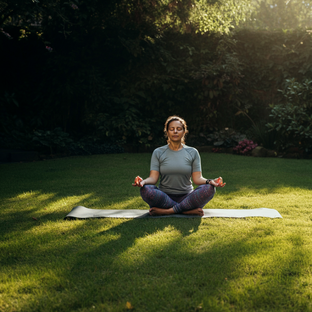 A serene image of a person sitting cross-legged on a yoga mat in a garden. The person is wearing comfortable clothing and has their eyes closed, meditating. The garden is lush and green, with dappled sunlight filtering through the trees. The composition is balanced, with a sense of tranquility and peace.