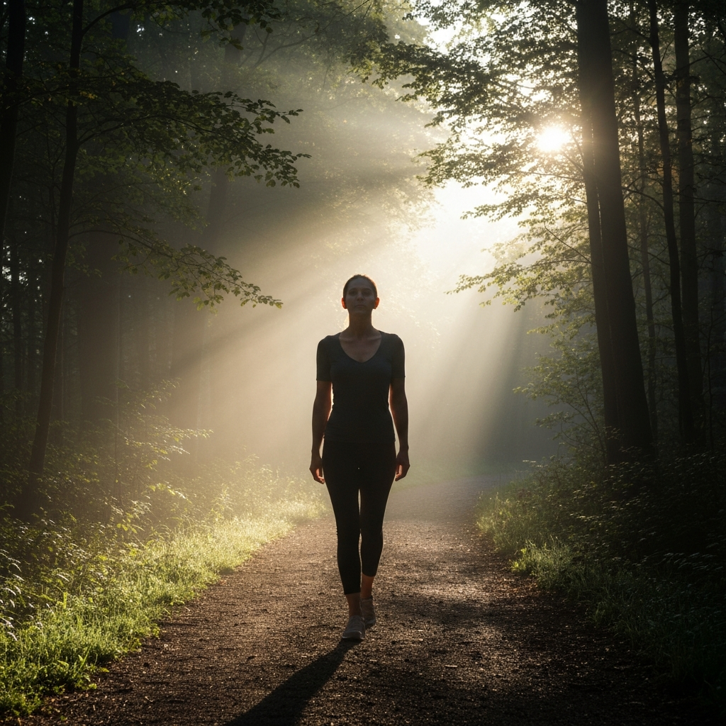 A person walking mindfully on a path through a forest during sunrise. The path is slightly misty, and the sunlight is filtering through the trees, creating a soft, ethereal glow. The person's posture is upright and relaxed, with their gaze gently focused ahead. The composition emphasizes the peacefulness of the natural environment and the person's connection to it.