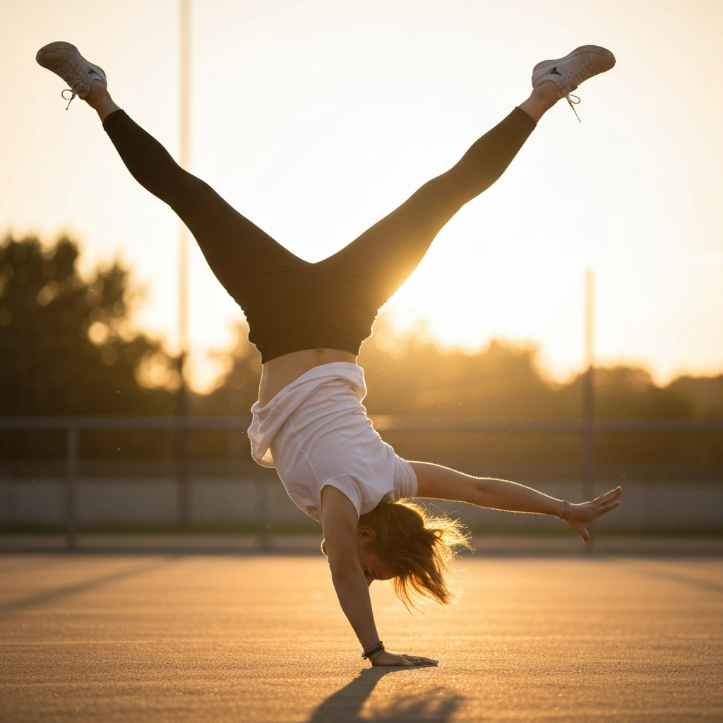 A dynamic shot of a person inverted during the cartwheel, legs forming a clean V shape. The background is slightly blurred to emphasize the movement. Golden hour lighting creates a warm glow.