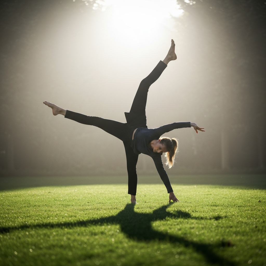 A person landing a cartwheel gracefully, arms extended overhead. They are standing on a grassy lawn with soft, diffused sunlight. The focus is sharp on the landing, highlighting the controlled movement.