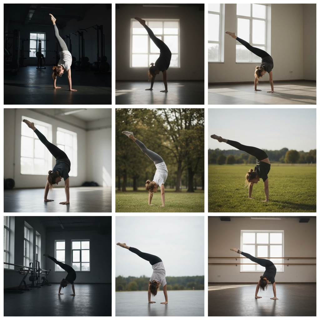 A montage of a person practicing cartwheels in different locations – a gym, a park, a dance studio. The lighting is natural and varies depending on the location. The focus is on consistent effort and dedication.