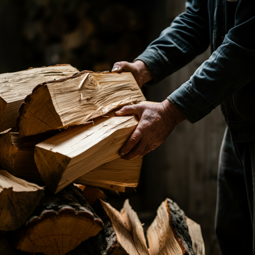 Close-up shot of weathered hands stacking dry firewood logs, golden hour lighting casting long shadows and highlighting the texture of the wood.