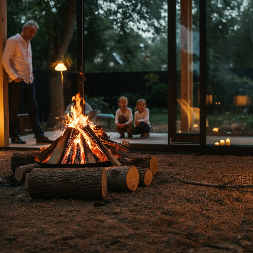 Wide-angle shot of a partially constructed bonfire in a backyard setting, showing stacked logs, clear surrounding area, and soft bokeh on the family observing.