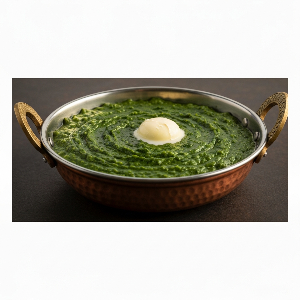 Close-up of Sarson da Saag in a copper serving dish, with a dollop of white butter on top, side-lit to highlight the vibrant green color and creamy texture.