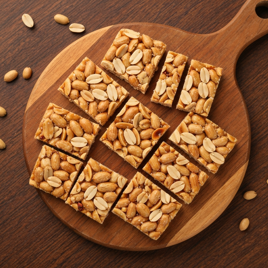 Overhead shot of peanut chikki cut into squares on a wooden board, focus on the contrasting textures of the peanuts and the hardened sugar syrup.