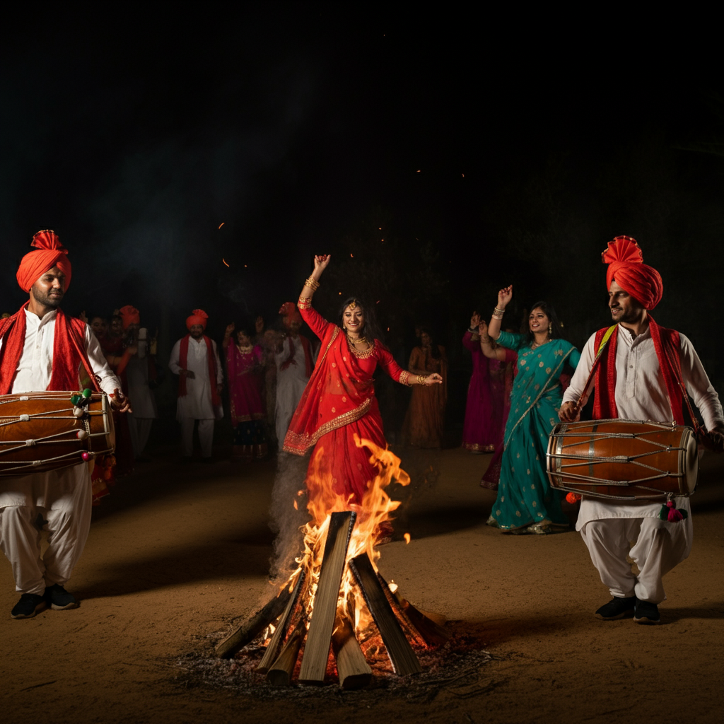 Group of people dancing around a bonfire at night, with dhol players in the foreground, motion blur capturing the energy of the dance.