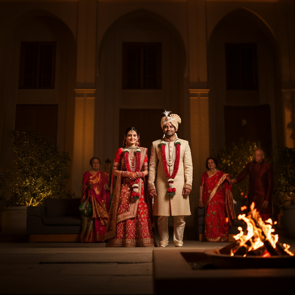 A newlywed couple dressed in traditional Indian attire, standing in front of a brightly lit bonfire, surrounded by family members, soft focus on the couple's smiling faces.
