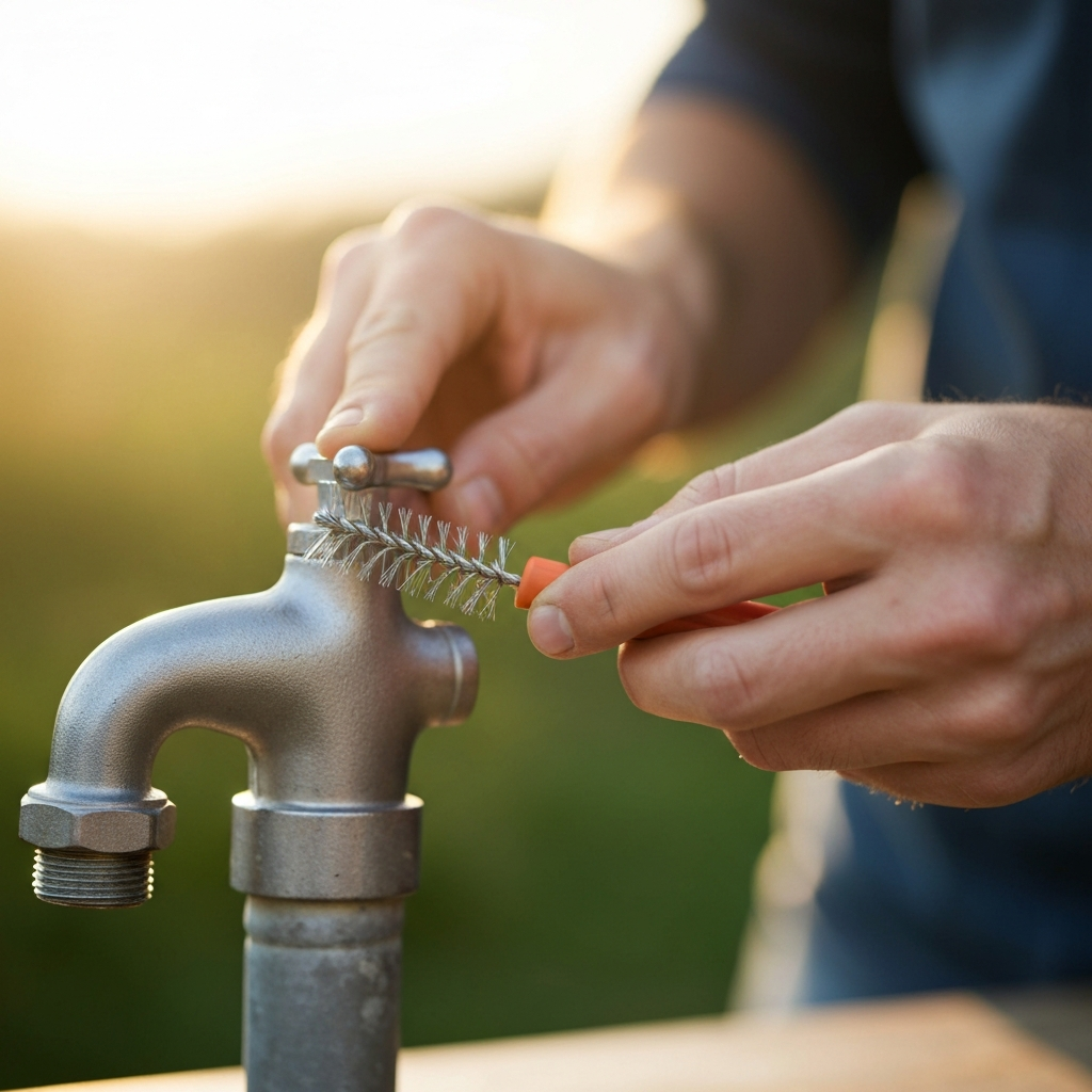 Close-up shot of a person's hands cleaning the threads of an outdoor faucet with a wire brush, soft bokeh in the background, warm, natural light.
