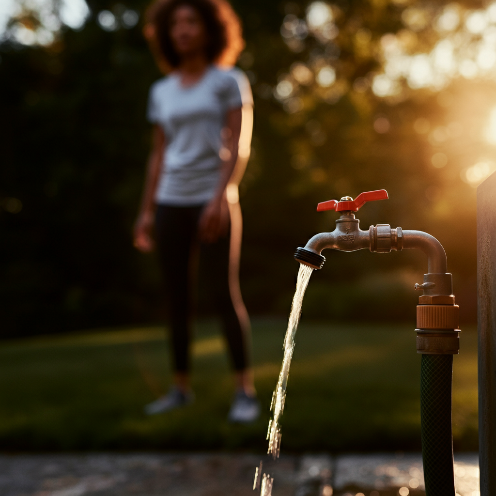 Medium shot of a garden hose connected to an outdoor faucet, water flowing, focus on the connection point, soft golden hour lighting.