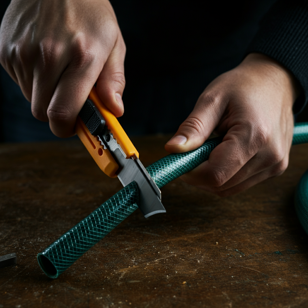 A person using a sharp utility knife to cut the end off a garden hose on a workbench, good lighting, focusing on the blade and the hose.
