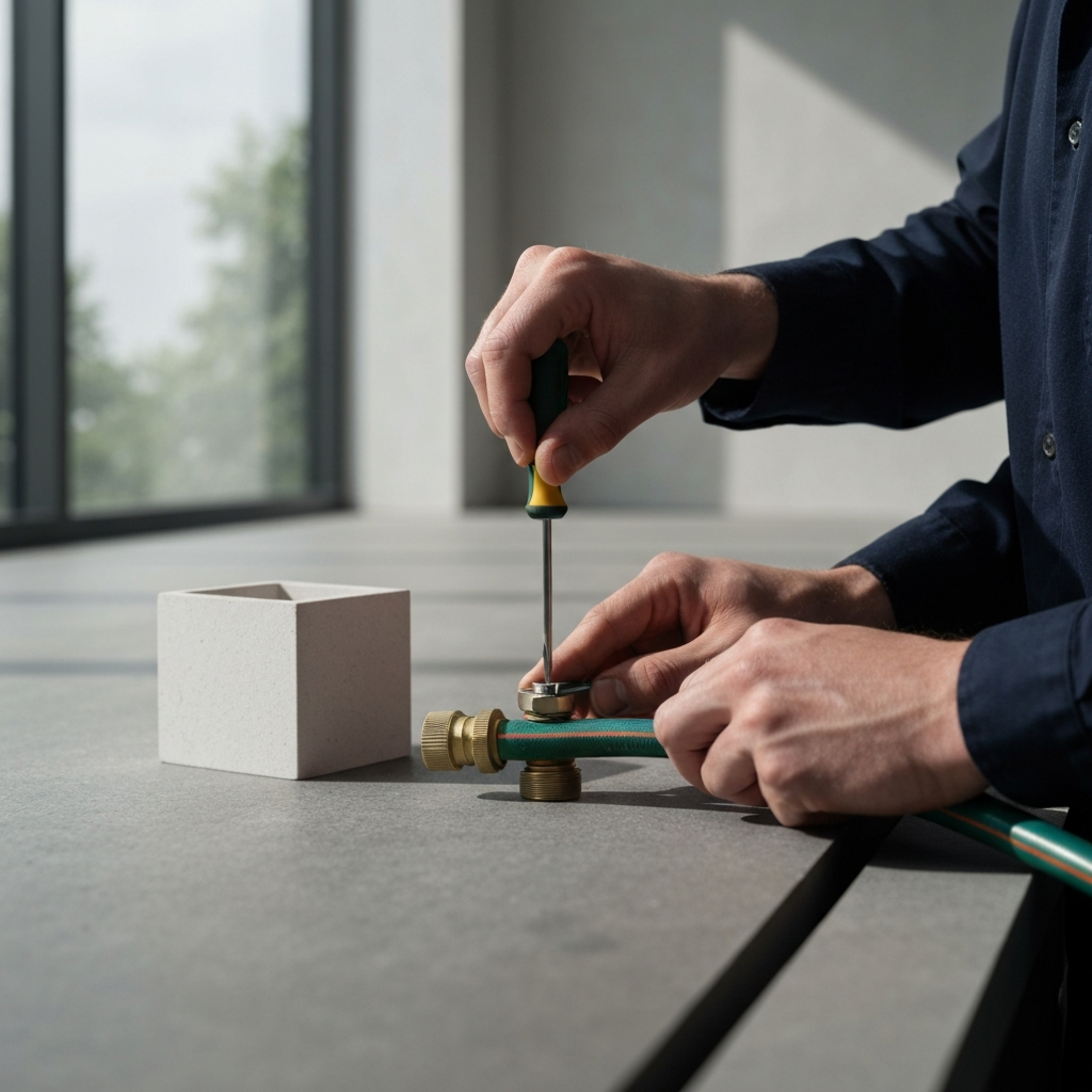 A person tightening a hose clamp around a garden hose fitting with a screwdriver, a clean, organized workspace, side-lit textures.