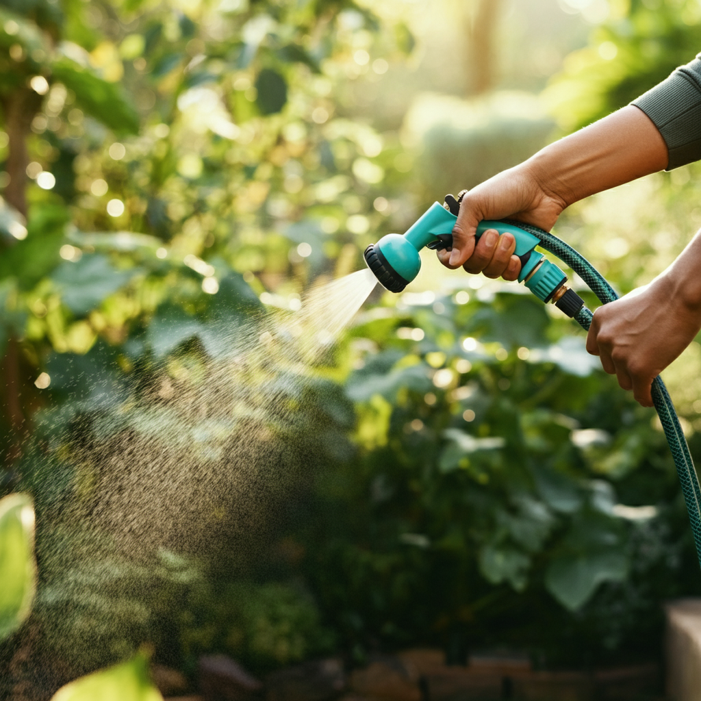 A person attaching a spray nozzle to the end of a garden hose in a garden setting, lush green plants in the background, bright, natural light.