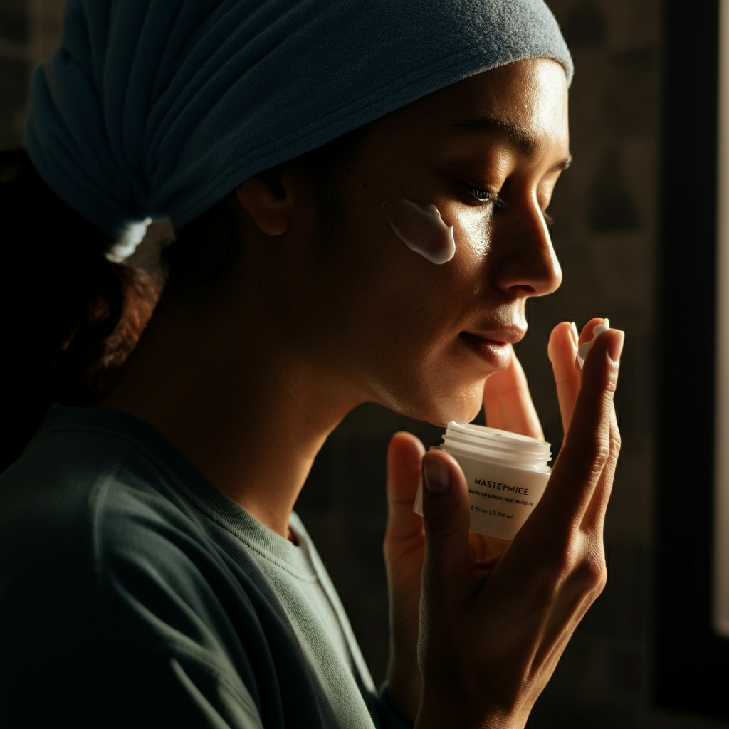 A person is gently applying moisturizer to their face in a well-lit bathroom. The focus is on the texture of the moisturizer and the smooth application. Soft, diffused light illuminates the person's face, creating a healthy glow.