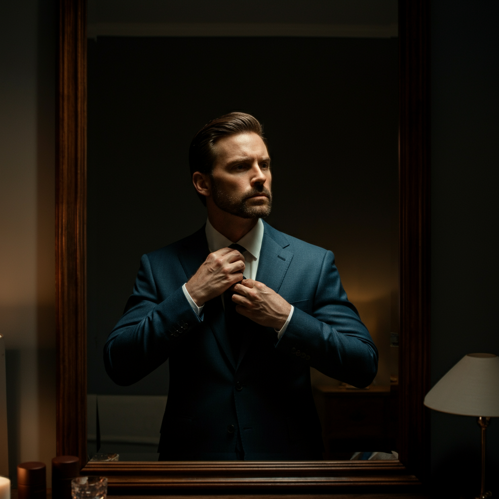 A man is standing in front of a mirror, adjusting his tie. He is wearing a well-tailored suit and his hair is neatly styled. The lighting is warm and flattering, highlighting his confidence and attention to detail.