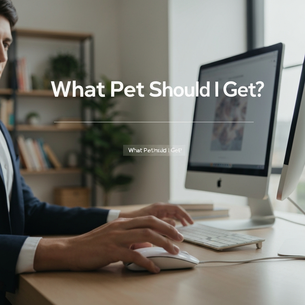 A close-up shot of a person's hand hovering over a computer mouse, about to click an answer on the "What Pet Should I Get?" quiz. The background is slightly blurred, but shows a comfortable home office environment with bookshelves and plants.