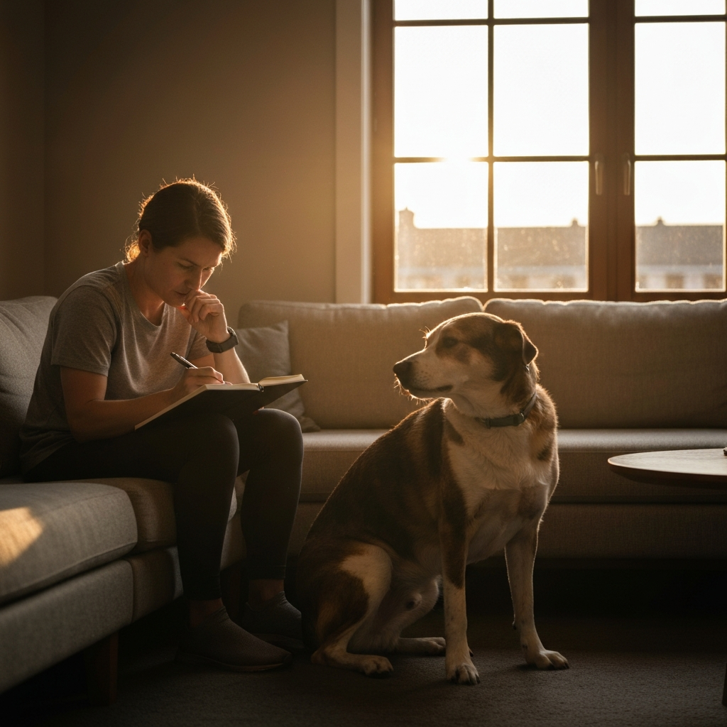 A person sitting on a couch, thoughtfully writing in a notebook. Sunlight streams through a window, creating a warm and inviting atmosphere. A friendly, well-behaved dog sits calmly at their feet.