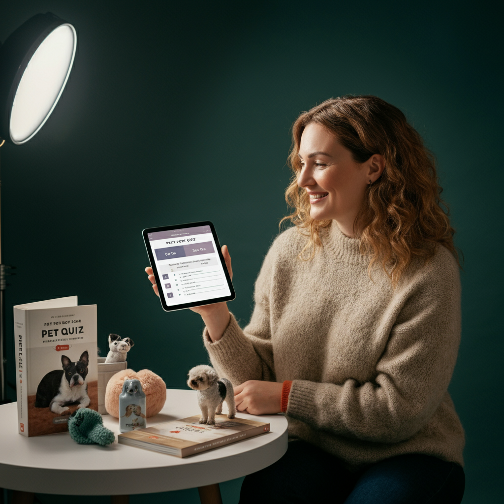 A woman smiling and holding a tablet displaying the results of a pet quiz. She is surrounded by pet-related books and accessories. The room is bathed in soft, diffused light, creating a cozy and informed atmosphere.