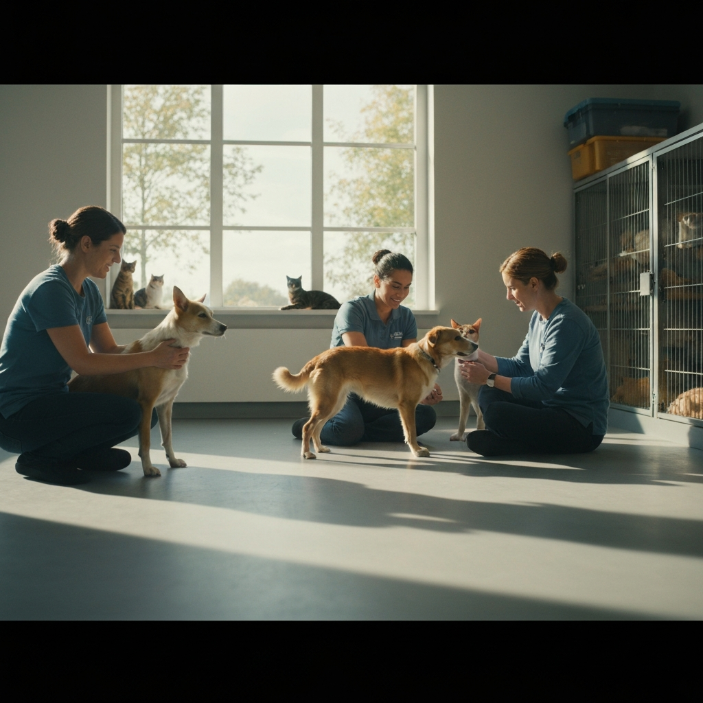 A brightly lit animal shelter with volunteers interacting with dogs and cats. The scene is clean and organized, with a focus on the animals' well-being. Natural light streams in through large windows.