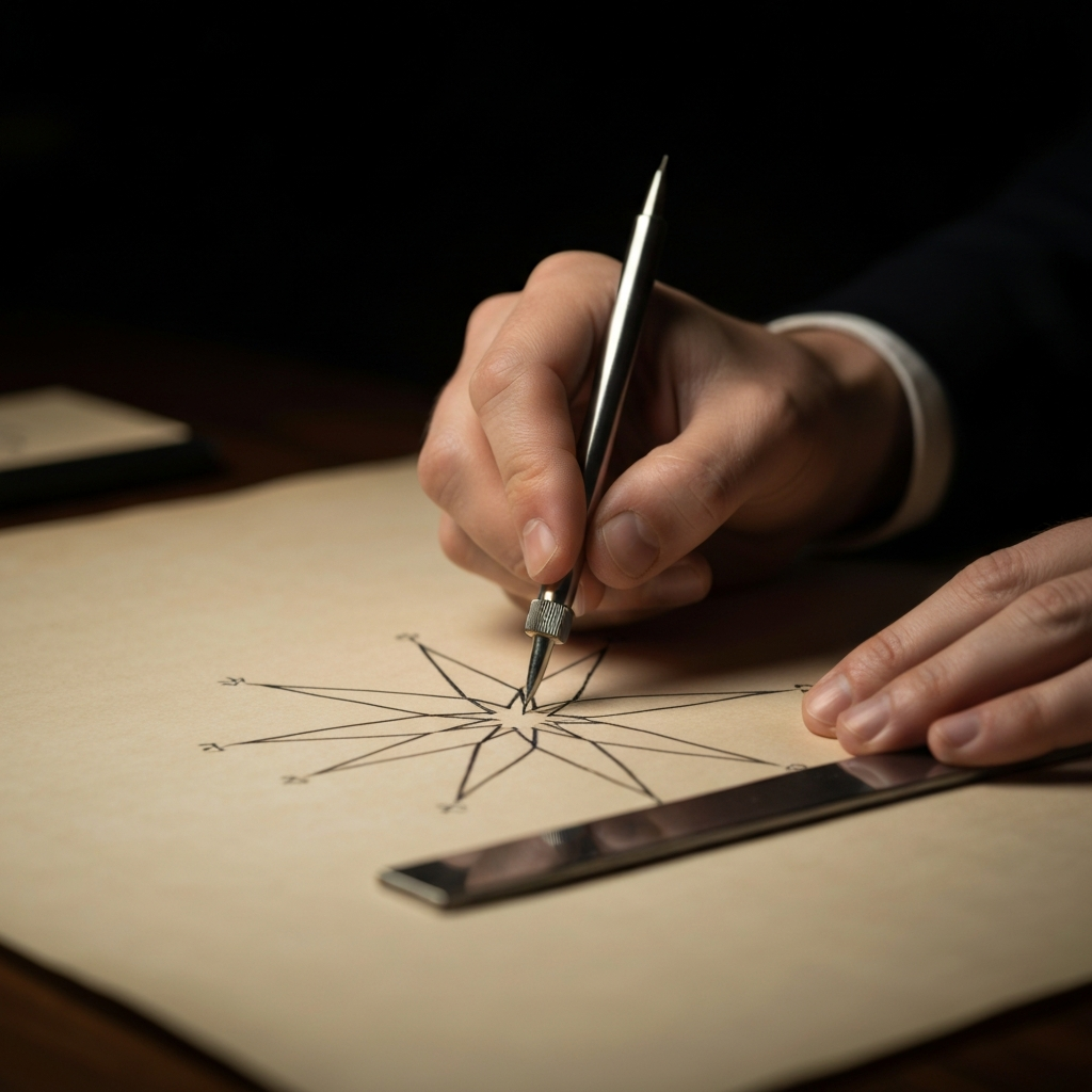 Close up of a hand drawing an 8-pointed star with a compass and straightedge on parchment paper, soft overhead lighting, shallow depth of field.