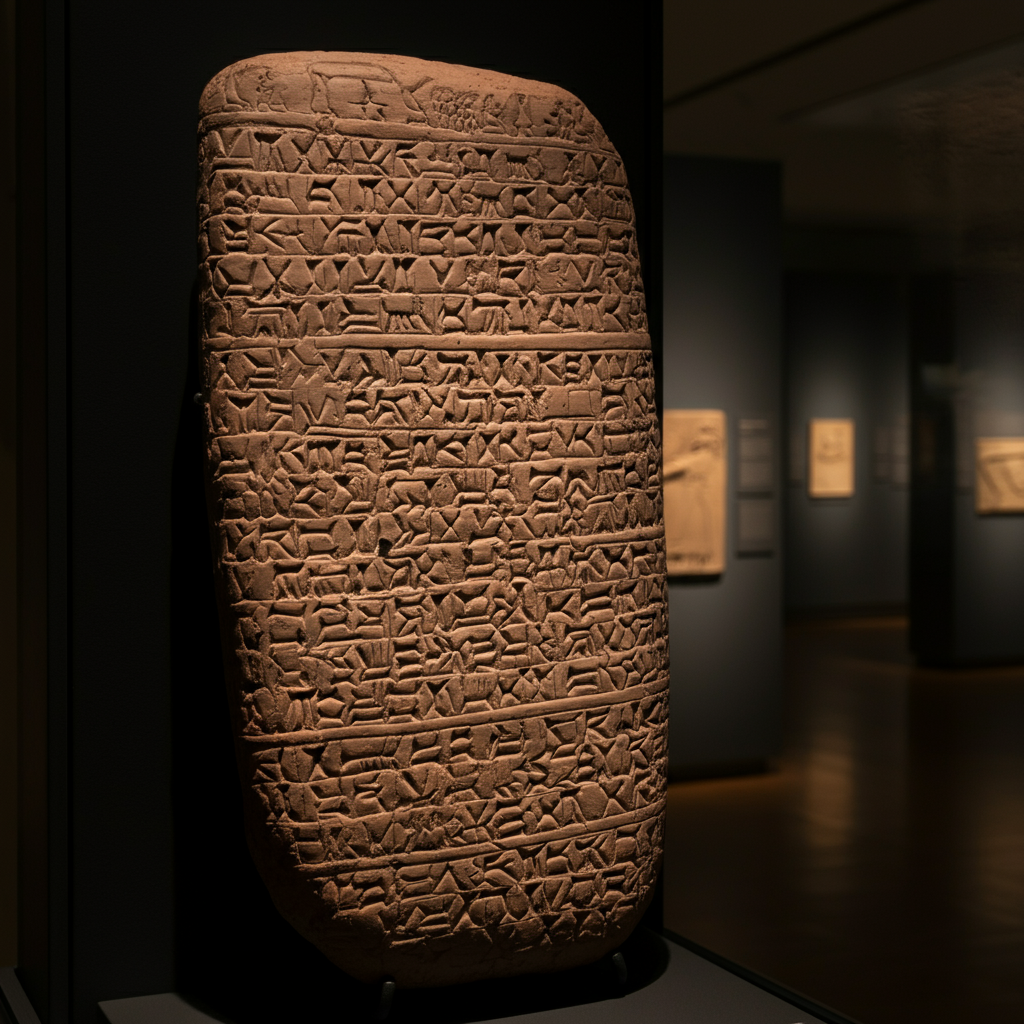 A museum display featuring a clay tablet with cuneiform script and a depiction of the Star of Ishtar, side-lit to emphasize the tablet's texture.