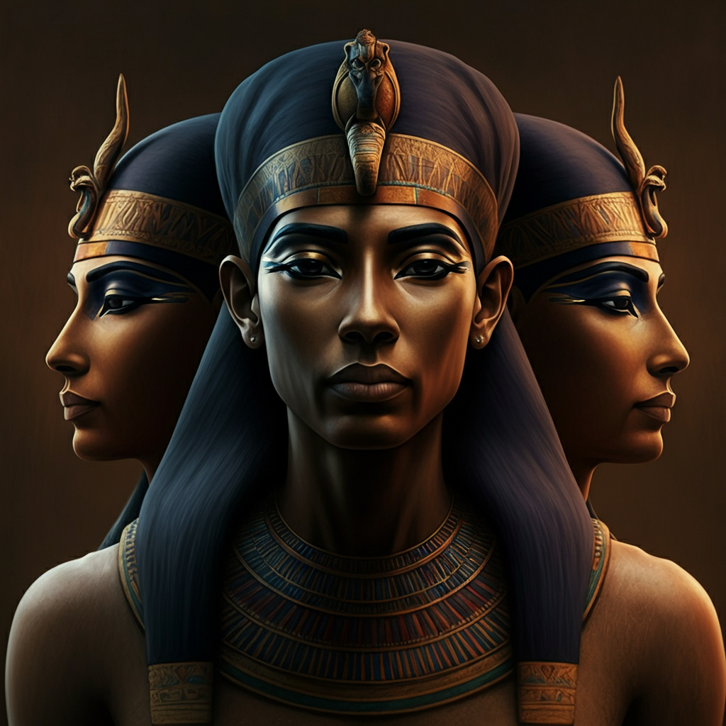 An illustration depicting the ancient Egyptian Ogdoad, bathed in soft golden light, highlighting their serene expressions and elaborate headdresses.
