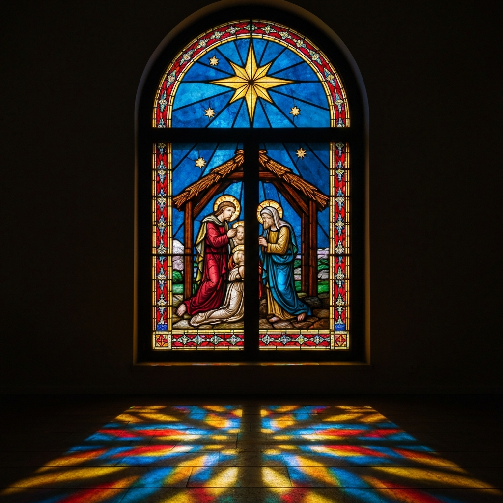 A stained-glass window depicting the Nativity scene, with the Star of Bethlehem shining brightly overhead, casting colorful light patterns on the floor.