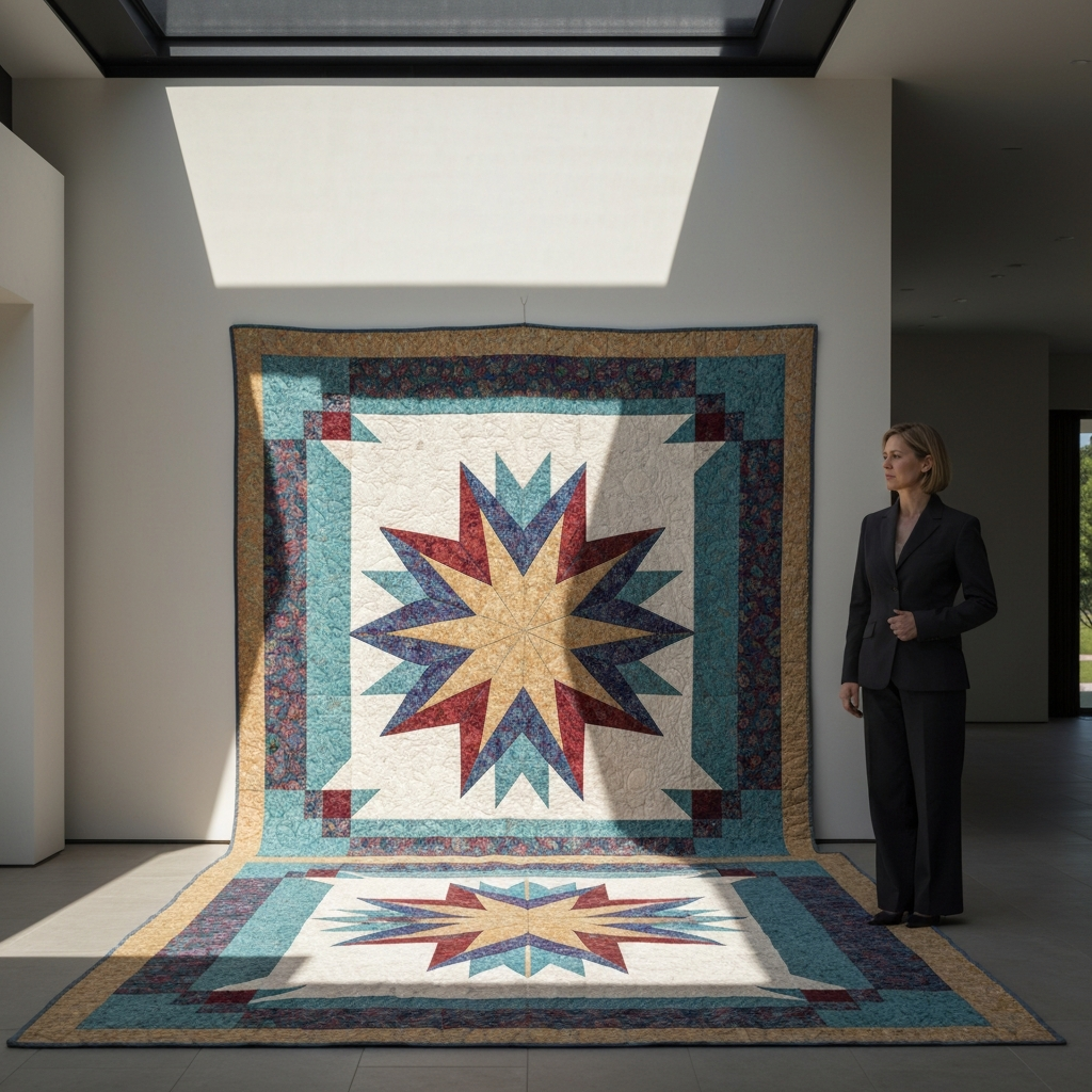 A Native American star quilt with a prominent 8-pointed star design, showcasing vibrant colors and intricate stitching, lit by natural sunlight.