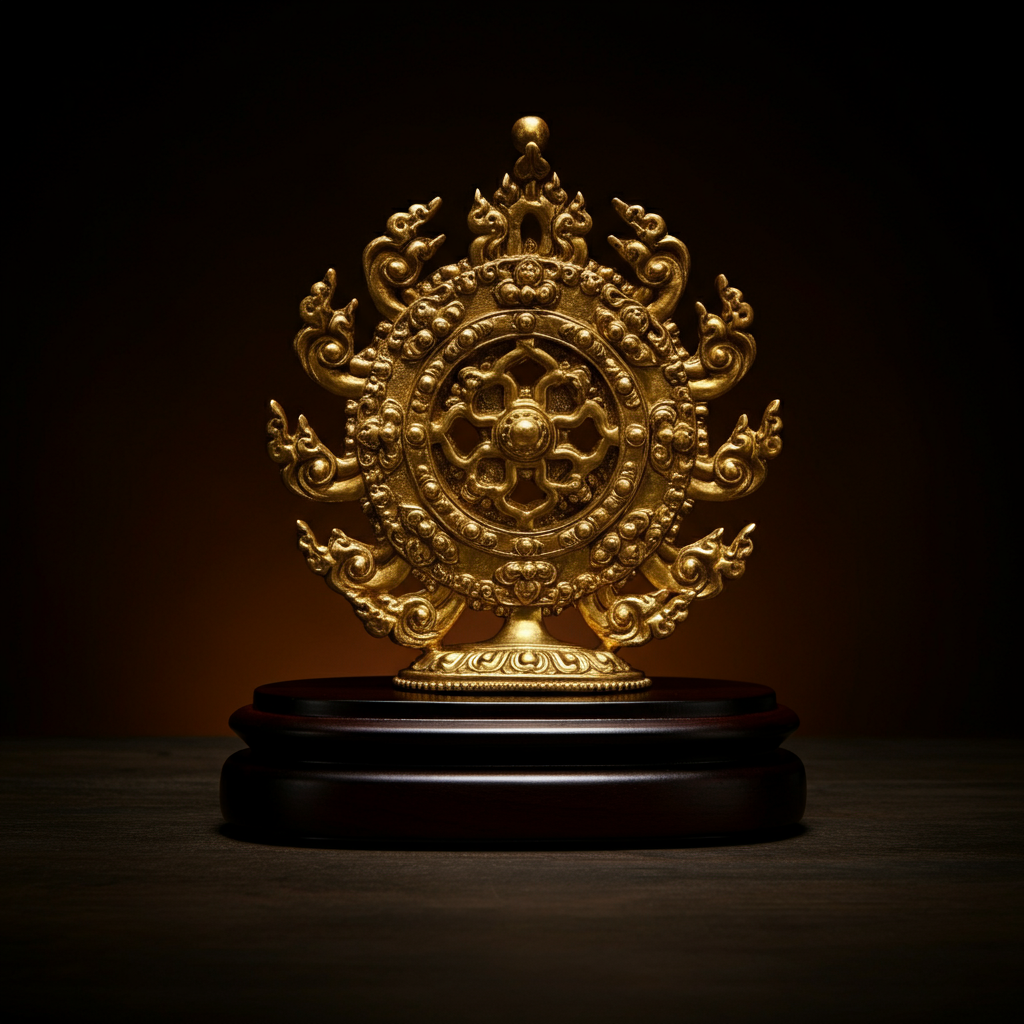 A golden Dharma Chakra sculpture resting on a dark wooden base, softly illuminated to enhance its intricate details.
