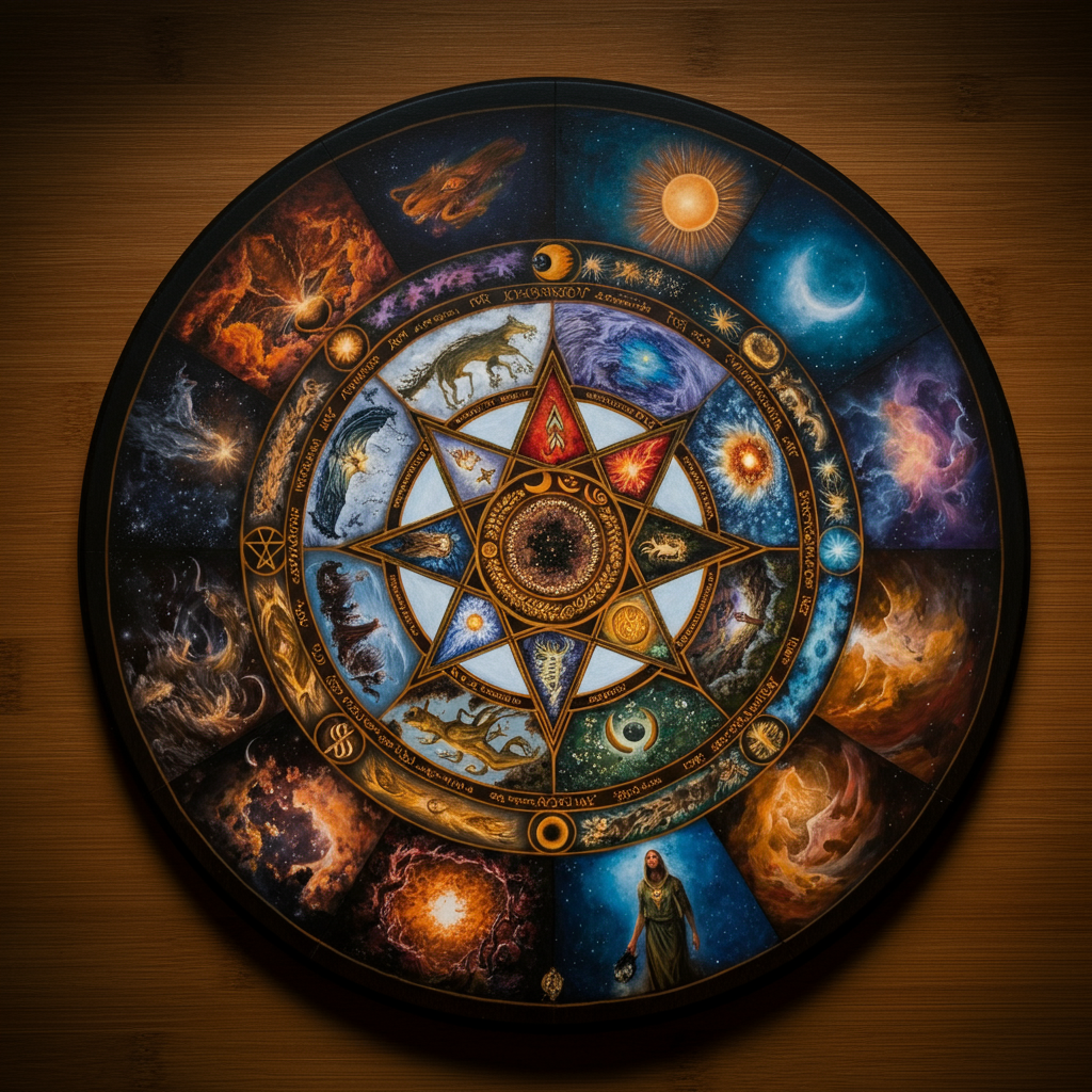 A hand-painted Wheel of the Year with an 8-pointed star at its center, displaying vibrant depictions of the different Sabbats and seasonal changes, laid on a natural wood table.