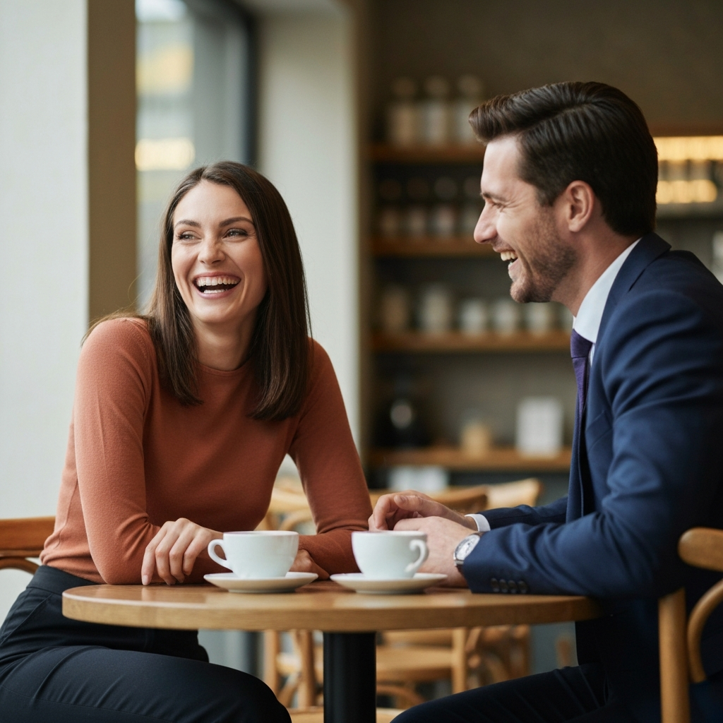 A well-lit coffee shop. A man and woman are laughing together across a small table. The focus is on the woman's genuine smile and the man's confident posture. Soft bokeh in the background.