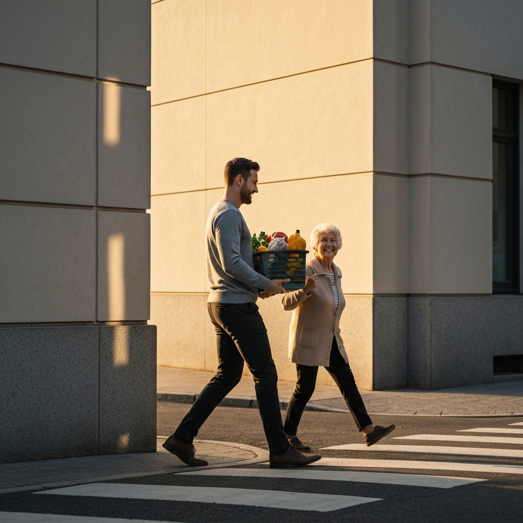 A man helping an elderly woman carry groceries across the street. Golden hour lighting creates a warm atmosphere. Focus on the man's gentle expression and the woman's grateful smile. Side-lit textures on the buildings.