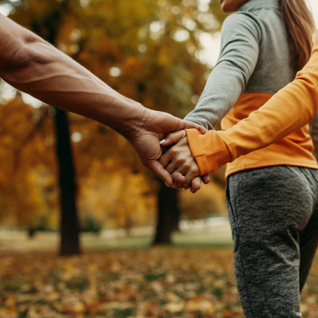 A man and woman walking hand-in-hand through a park during autumn. The focus is on their intertwined hands and the comfortable, easygoing atmosphere. Soft focus on the background foliage.