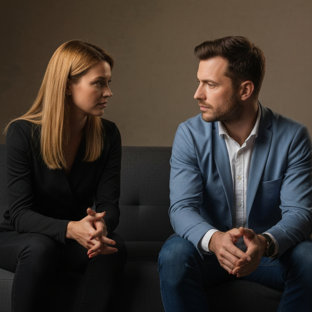 A man and woman sitting on a couch, facing each other, engaged in a serious but calm conversation. The lighting is warm and inviting. Focus on their expressions and the body language indicating active listening.