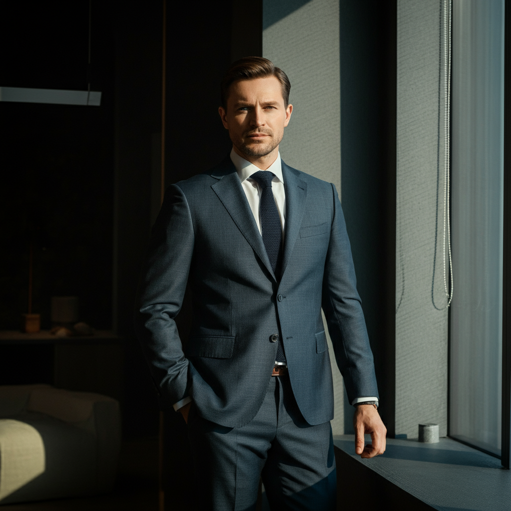 A man standing confidently in a well-tailored suit in a modern office setting. Natural light streaming in from a window. Focus on his posture and calm, steady gaze.