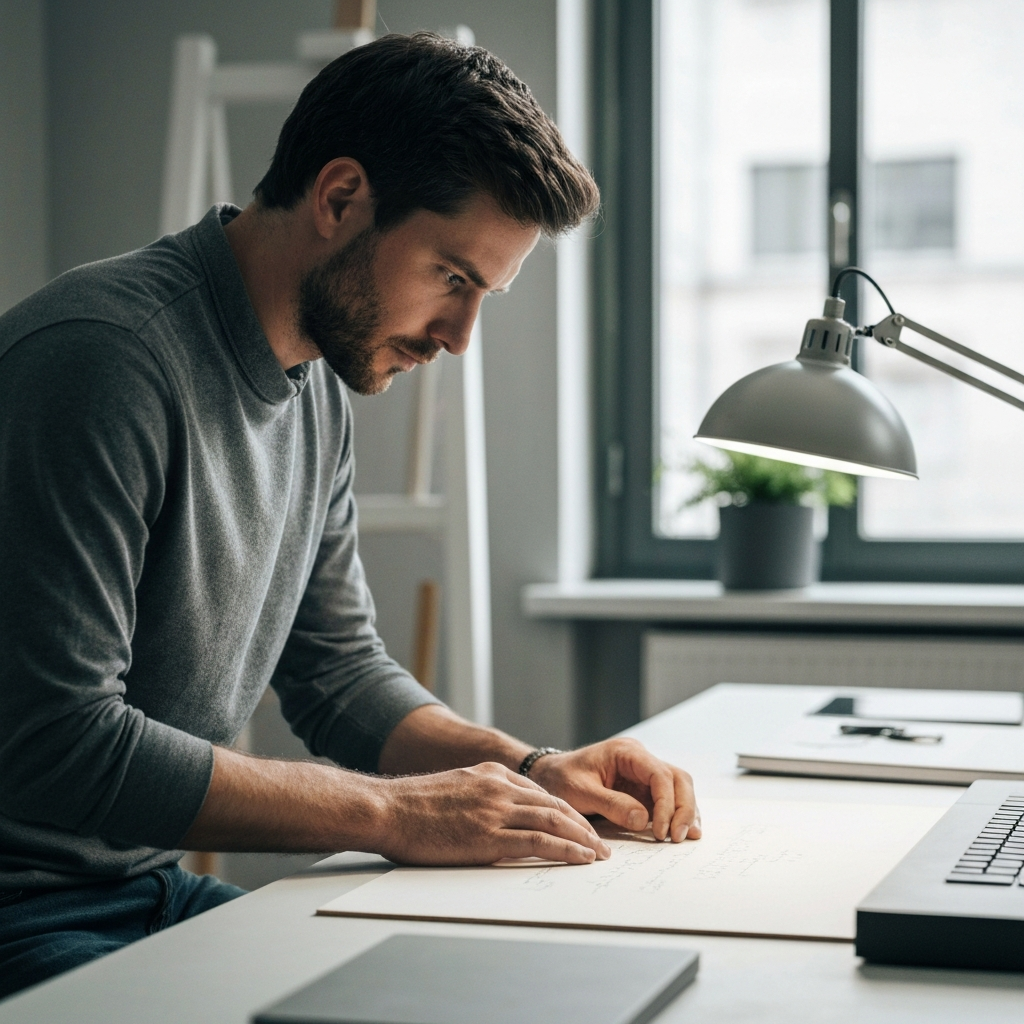 A man working diligently on a creative project in his home studio. Soft, focused lighting on his hands and the project. The scene conveys a sense of dedication and passion.