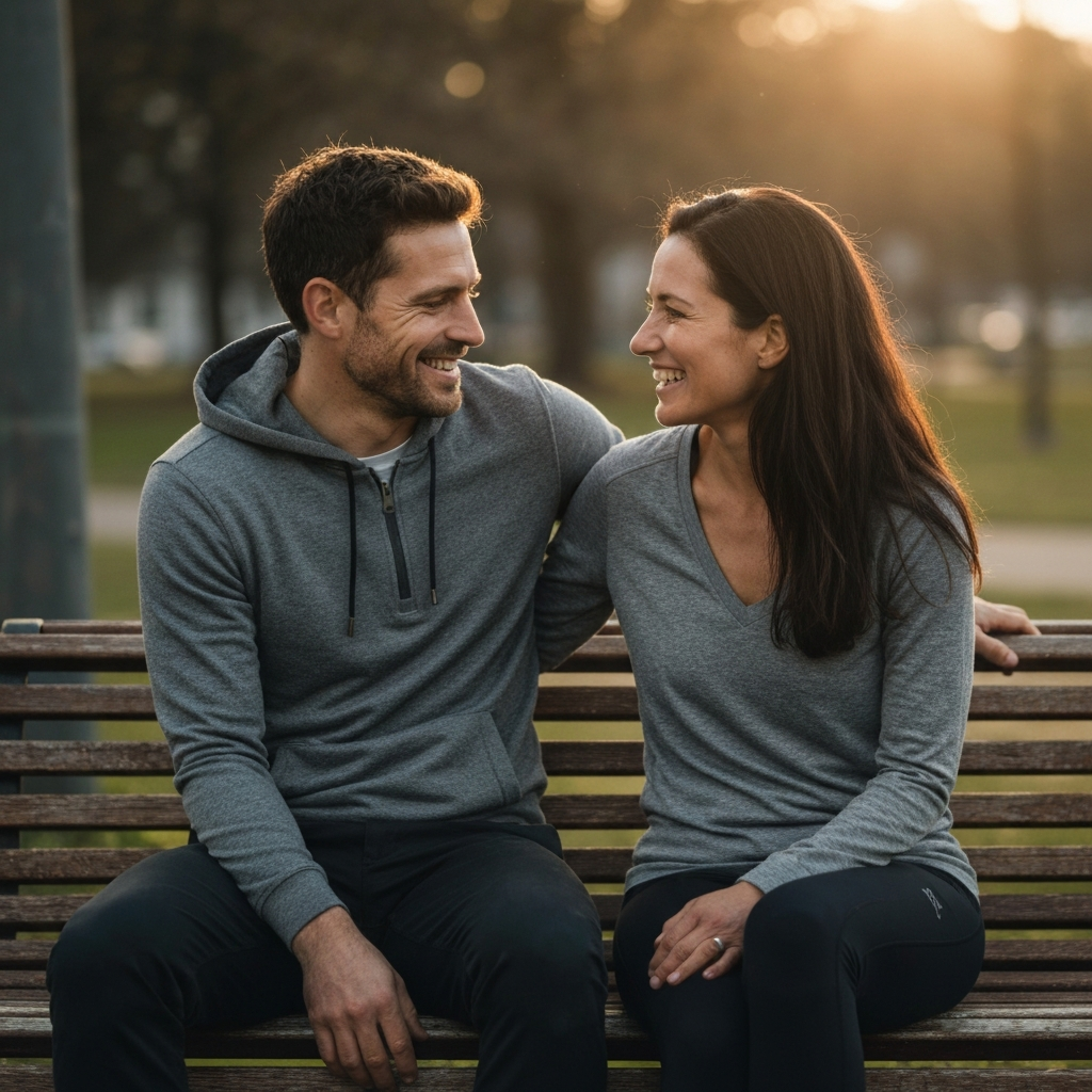 A man and woman sitting on a park bench, looking at each other and smiling. The lighting is soft and diffused. Focus is on their eye contact and genuine smiles.