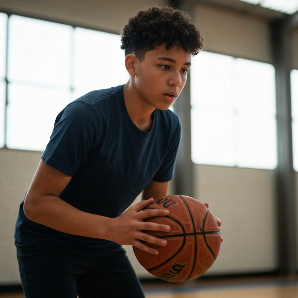 A young athlete in a brightly lit gymnasium, practicing basketball dribbling drills with focused concentration. The ball is textured and shows signs of wear. Soft bokeh in the background.