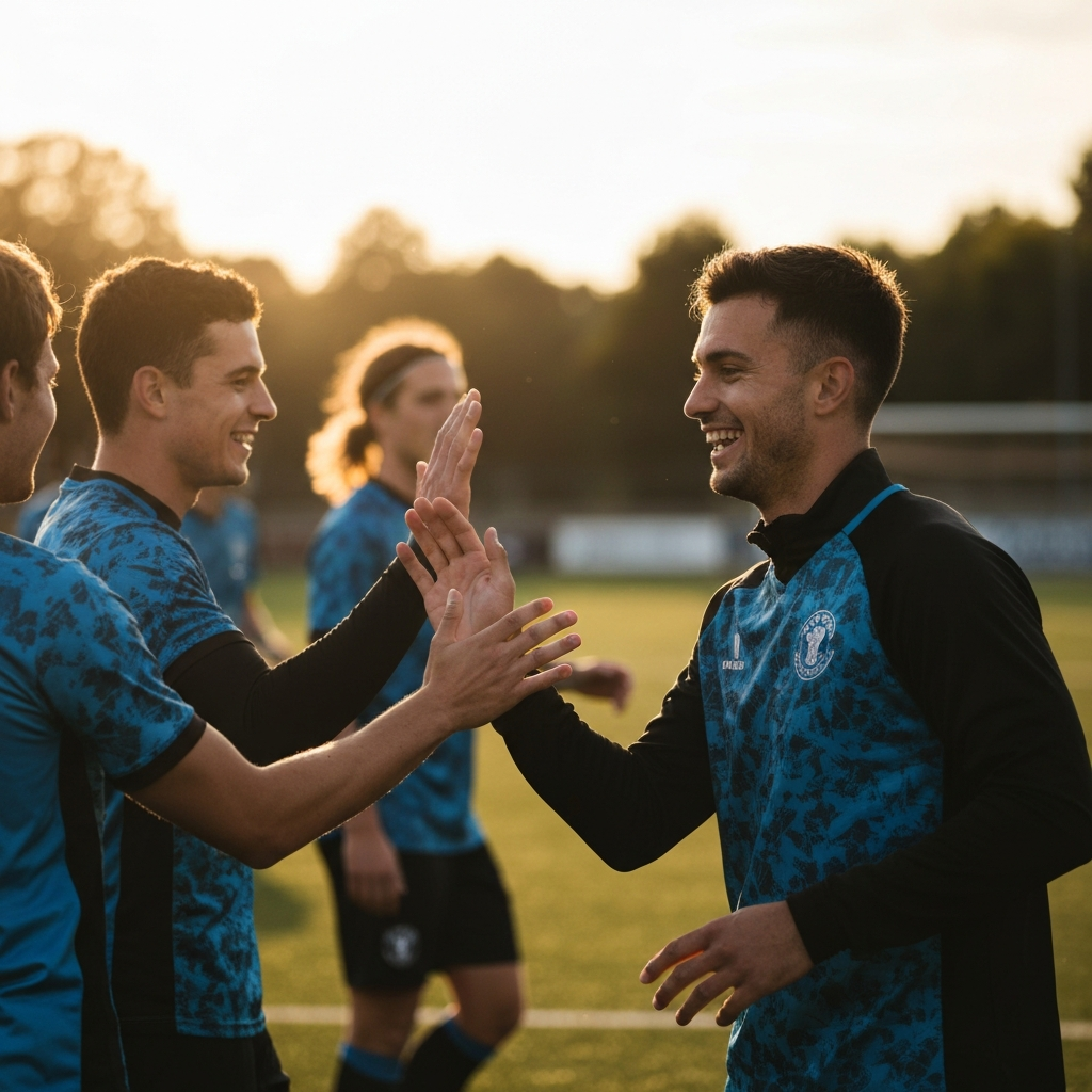 A side-lit shot of a group of athletes in team jerseys, smiling and giving each other high-fives on a brightly lit sports field. Focus is on the genuine expressions and textures of the jerseys.