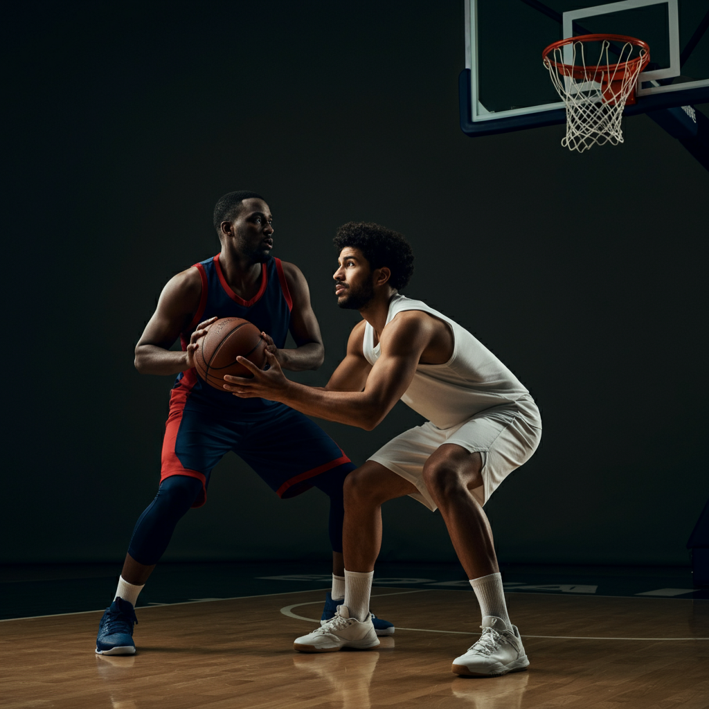 Medium shot of two athletes on a basketball court, one setting a screen for the other. Side lighting highlights the textures of the court and the athletes' determined expressions.