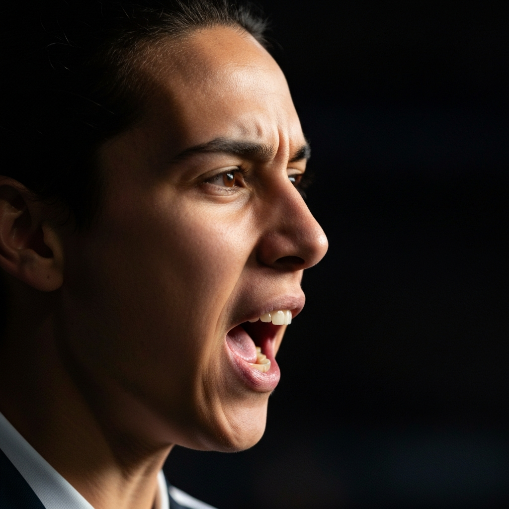 Close-up shot of an athlete's face during a game, mouth open in mid-shout, eyes focused intensely on the action. Soft shadows accentuate the determination in their expression.