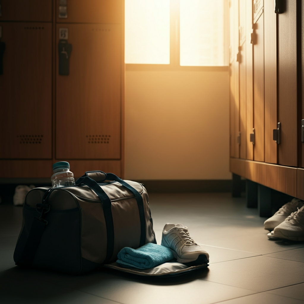 Low-angle shot of a sports bag on the floor of a locker room, slightly ajar, revealing a glimpse of a water bottle, towel, and athletic shoes inside. Golden hour lighting streaming through a window in the background.