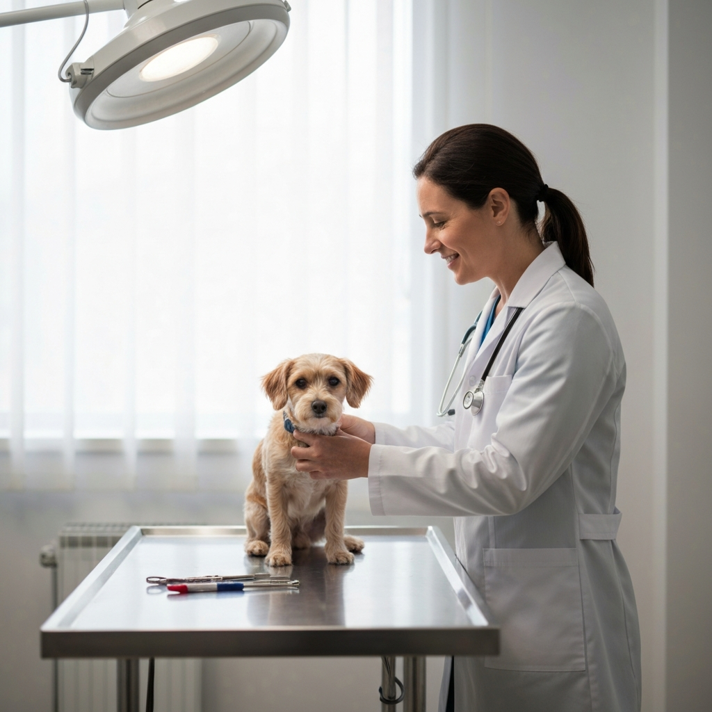 A veterinarian wearing a white coat examining a small dog on a stainless steel examination table. The room is brightly lit with a soft, diffused overhead light. The dog is calm and the veterinarian is smiling reassuringly. Soft bokeh in the background showing veterinary tools.