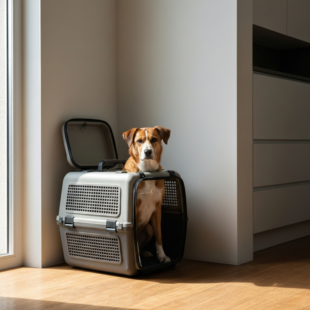 A medium-sized dog sits comfortably inside a well-ventilated, hard-sided travel carrier. The carrier is on a wooden floor with soft natural light coming from a nearby window. The dog is looking directly at the camera with a relaxed expression.