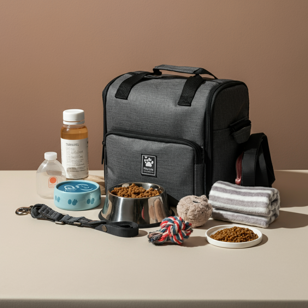 A neatly packed pet travel kit sits on a light-colored surface. It includes items like food bowls, a leash, a favorite toy, a blanket, and a small first-aid kit. The scene is side-lit, highlighting the textures of the different materials.